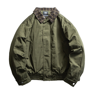 雾撞山野棉衣男格子拼接翻领宽松青年休闲保暖外套复古巴恩风夹克