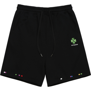 GUUKA潮牌黑色幸运四叶草夏季短裤男纯棉 爱心刺绣五分裤彩绣中裤
