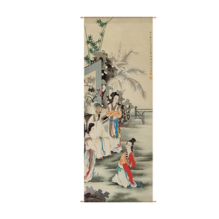 中式古风仕女图半透纱幔挂布国风古典茶室餐厅禅意墙面装饰背景布