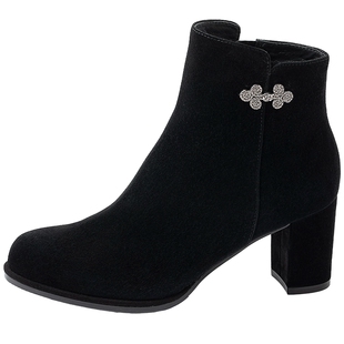 康莉真皮黑色短靴女冬季商场新款复古粗跟百搭时装靴高级感踝靴