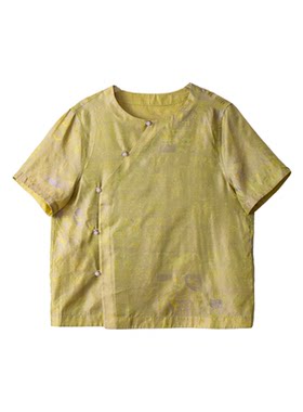 溯也桑蚕丝浮光锦新中式真丝短袖上衣女国风圆领宽松夏季小衫