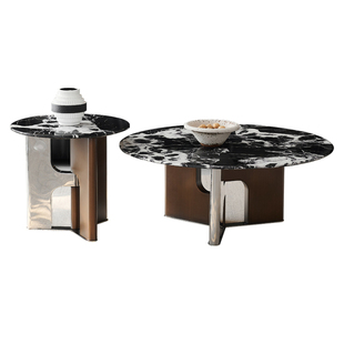 意式极简宝格丽黑大理石大小圆形客厅茶几沙发边几不锈钢家用茶桌