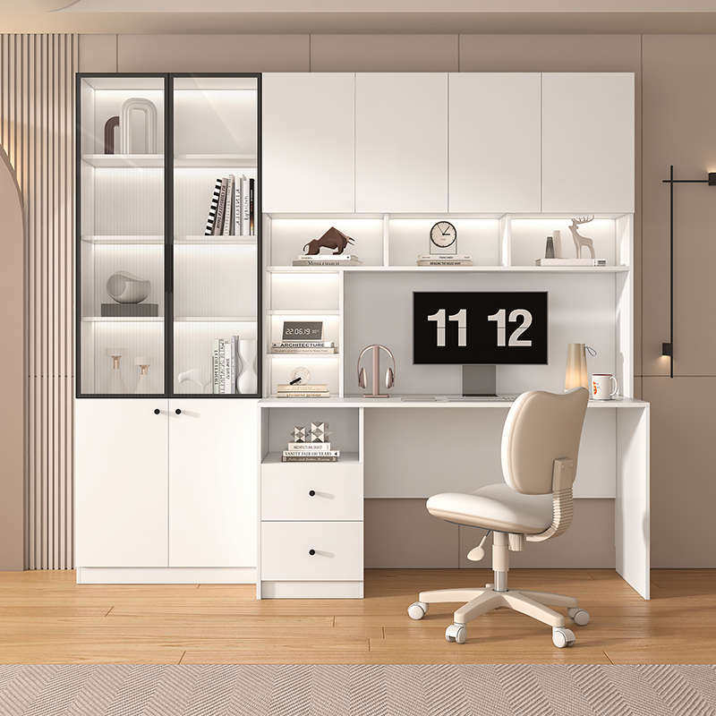 书桌书架一体桌子实木家用电脑桌带书柜组合学生写字桌简易办公桌