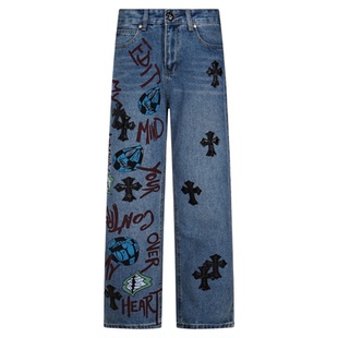 CH克罗风格十字架梵文牛仔裤男女同款马蹄印贴皮美式高街牛王限定