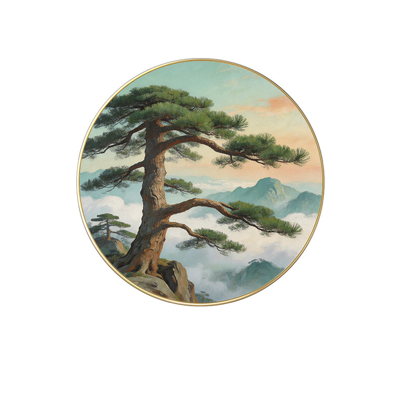 简约江山如画迎客松十字绣满绣2026新款卧室挂画小件圆形线绣全绣