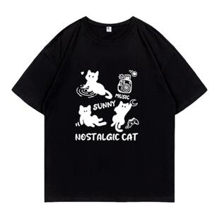 Guozii黑色猫咪正肩纯棉短袖t恤女设计感小众小个子oversize上衣