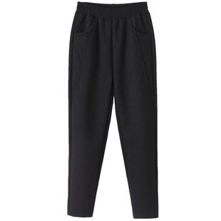 黑色裤子春秋款女休闲裤100纯羊绒宽松高腰裤加绒羊羔毛直筒长裤