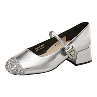 YRC法式粗跟玛丽珍鞋女配裙子秋季新款银色小皮鞋水钻单鞋