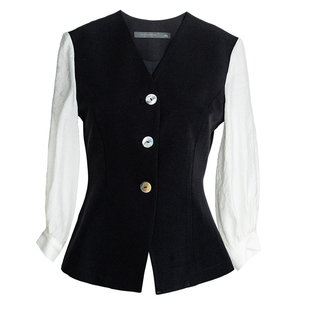 罗衣轻商务V领拼接修身黑色衬衫女春季七分袖衬衣收腰薄上衣10300