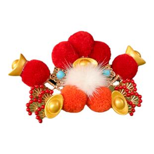 汉唐臻品新年发夹古风汉服红色毛球元宝头饰发饰财神儿童发夹发冠