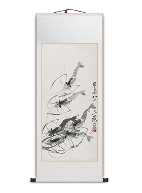 齐白石虾趣图卷轴挂画客厅装饰画