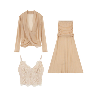 CUICUI崔崔【山雾竹影】纯欲风细闪朦胧感薄纱上衣半身裙气质套装