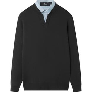 HLA/海澜之家轻商务加厚双领针织衫24秋冬新保暖假两件黑色毛衣男