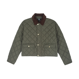 R2W复古菱格棉服女藏青色灯芯绒翻领短款巴恩风猎装外套轻薄棉衣
