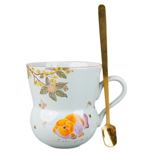 空蝉 草木灰茶杯子陶瓷小清新高颜值葫芦杯家用办公杯马克杯带勺