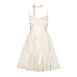 DPLAY夏季新款法式白色连衣裙女鎏光纱公主裙短款吊带沙滩裙