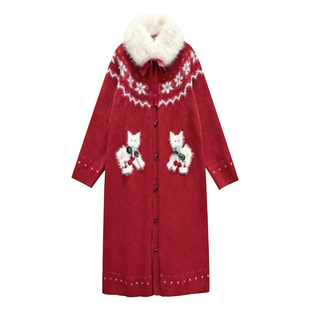 孕妇外套秋冬2026新款韩版孕妈复古过年红毛领针织开衫中长款毛衣