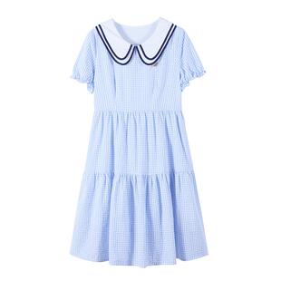 初中生格子连衣裙女娃娃领高中生学院风大童清新中长款蛋糕裙13岁