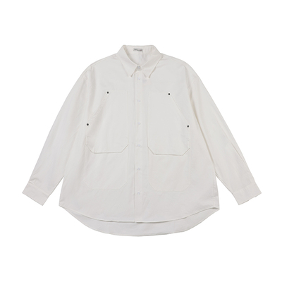 NOEARS日系复古白色工装铆钉长袖贴袋衬衫春秋大口袋宽松方领衬衣