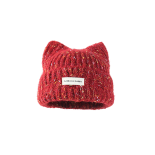 小众可爱猫耳朵毛线帽女秋冬宽松大头围护耳帽子保暖针织套头冷帽