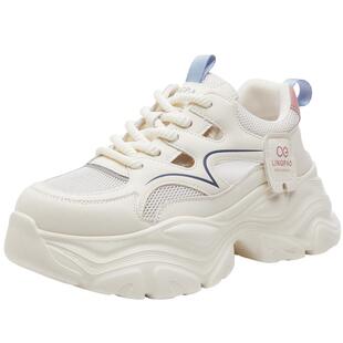 木林森真皮老爹鞋女2026新款夏季镂空网面透气女鞋厚底增高运动鞋