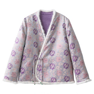 一丝牵双面穿国风桑蚕丝真丝宋锦提花夹棉外套新中式水貂毛棉服女