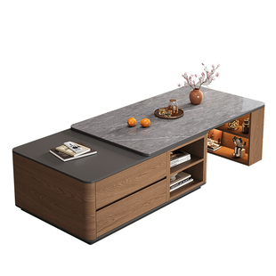 中古风伸缩茶几客厅家用2026新款小户型高级感实木桌子岩板茶几桌