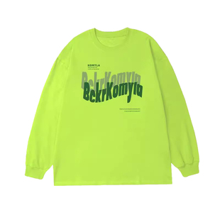 美式街潮荧光绿纯棉罗口长袖T恤早秋薄款单穿内搭圆领束口袖上衣u