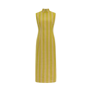 dorydory黄绿色全棉新中式国风改良旗袍收腰长款连衣裙夏季女