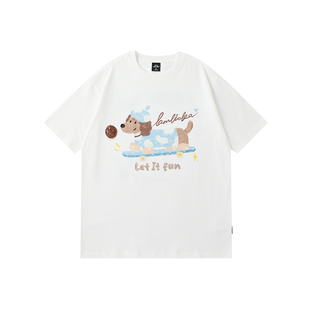 LAMLICKA腊肠狗印花凉感白色t恤男重磅纯棉短袖美式高街宽松上衣