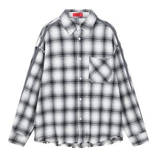 INXX美式复古撞色格子衬衫男时尚宽松bf风休闲衬衣情侣装