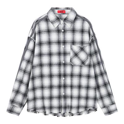 INXX美式复古撞色格子衬衫男时尚宽松bf风休闲衬衣情侣装