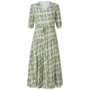 【松弛假日】NAERSI/娜尔思珍珠薄纱V领印花连衣裙夏季舒凉裙子