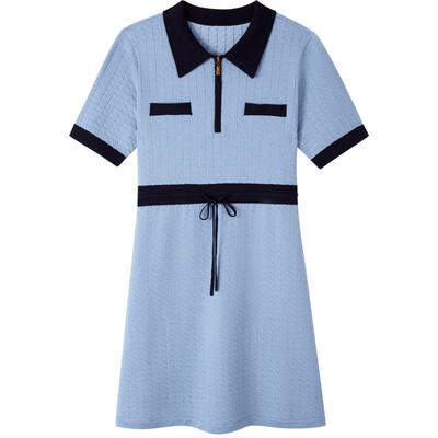 诗篇专选女装夏翻领抽绳收腰小香风格纹提花针织裙连衣裙