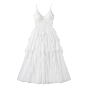 三亚海边度假法式白色绝美沙滩裙拼接不规则网纱吊带带胸垫连衣裙