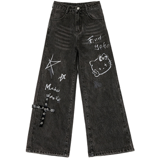 自然涩黑色凯蒂猫印花直筒牛仔裤女春秋新款美式涂鸦阔腿裤子冬季