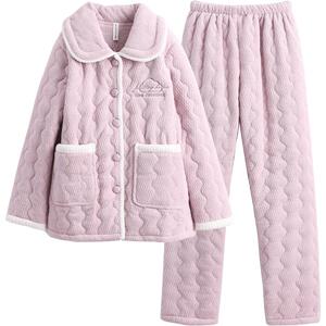 芬腾女士睡衣法兰绒三层加厚冬季珊瑚绒夹棉加绒抗静电家居服套装