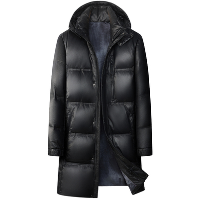 中长连帽真牛皮衣90鹅绒男羽绒服