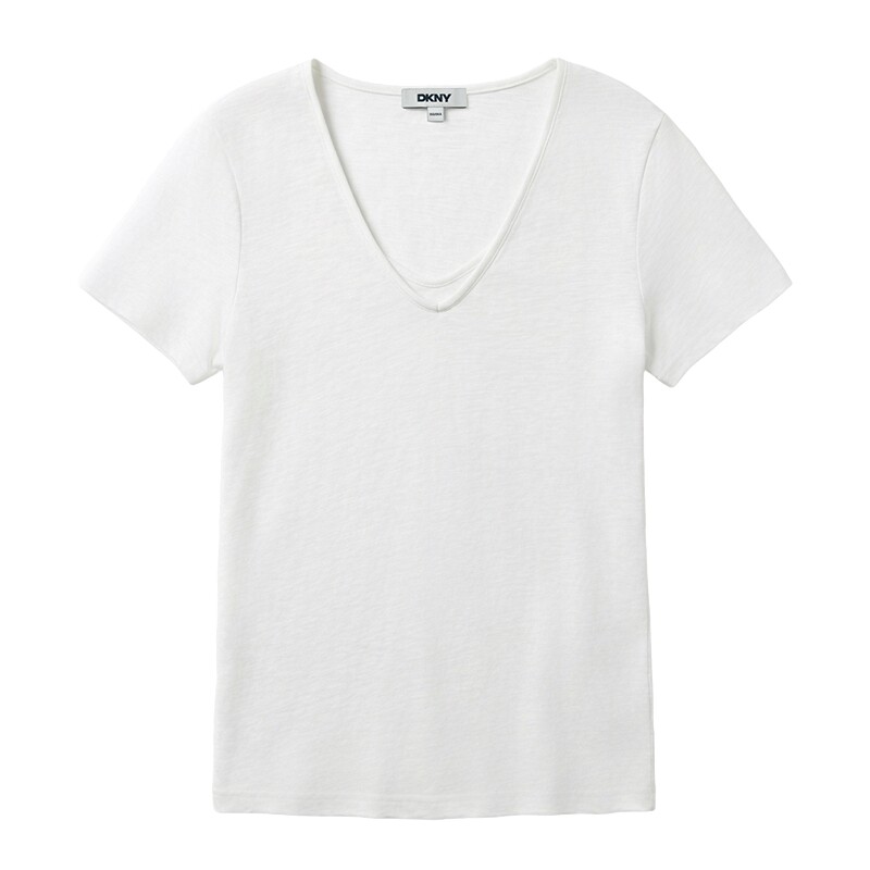 DKNY唐可娜儿26短袖T恤女正肩显瘦假两件V领小白T上衣休闲简约潮