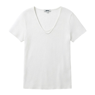 DKNY唐可娜儿26夏季新款短袖T恤女正肩显瘦假两件V领小白T上衣潮