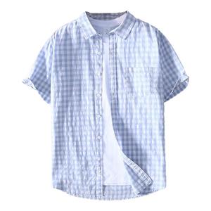 纯棉格子衬衫男短袖夏季轻薄宽松大码休闲上衣日系复古衬衣半袖潮