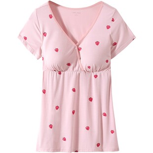 哺乳衣短袖t恤睡衣长袖上衣喂奶孕妇装秋衣夏季薄款月子服带胸垫
