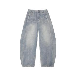 半圆原创设计师女装[运动]2025春秋宽松休闲高腰弯刀直筒牛仔裤女