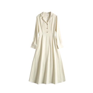 白色翻领长袖西装连衣裙女2026年春季新款高级感时尚百搭气质长裙
