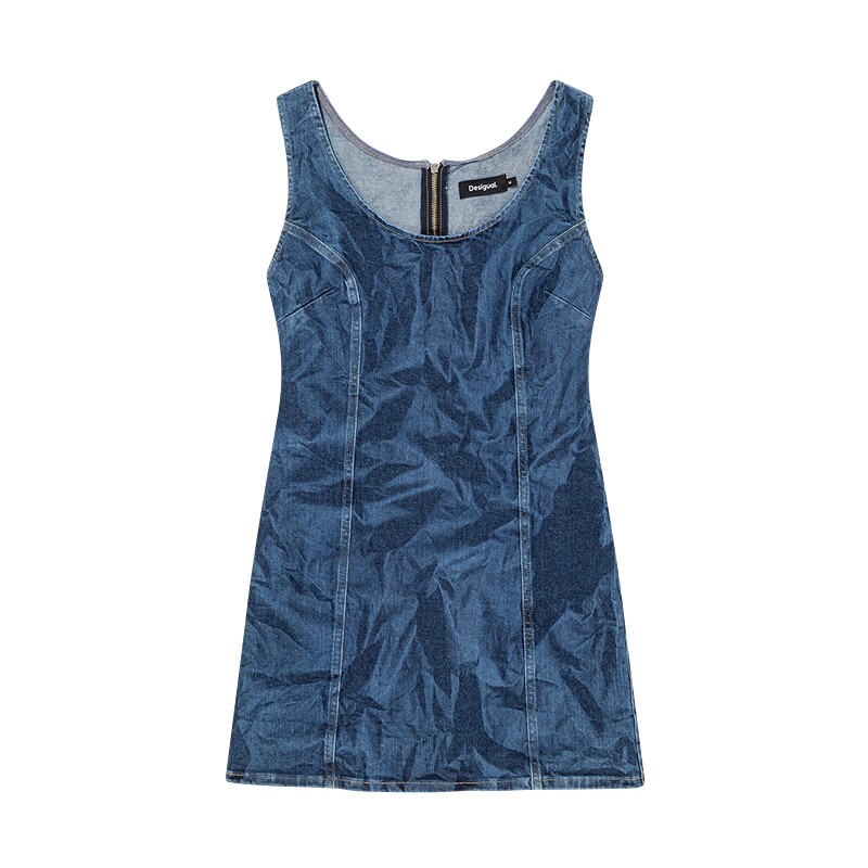 Desigual牛仔水洗图案修身弹力无袖大圆领牛仔连衣裙