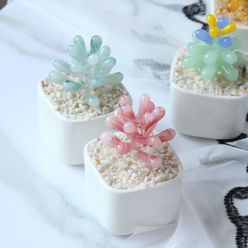 琉璃花摆件淄博琉璃盆栽彷植物工艺品小植绿多玻璃花卉肉礼物办真