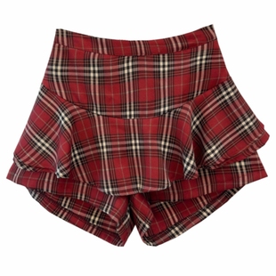 微胖MM蛋糕短裙半身裙女2025新款春夏季高腰红色复古A字格子裙裤