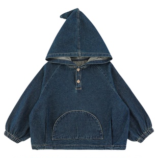 幼悠女童2026春秋新款复古连帽羊绒牛仔外套宽松慵懒儿童耐看上衣