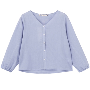 布景衬衫女春夏气质V领松紧袖口撞色明线设计七分袖小衫衬衣3780