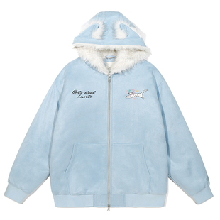 GUUKA潮牌猫耳朵丝绒连帽棉服男冬季加厚外套 情侣正肩新款棉衣女